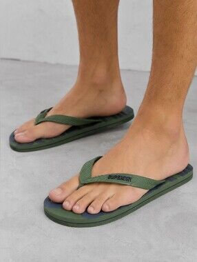 Superdry Olive Green Flip Flops Size L | Men's Logo Thong Sandals Beach Slides